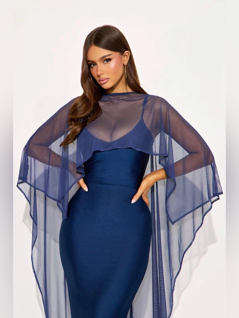 Fashion Nova Staying True Satin Maxi Dress Navy Sheer Bolero New